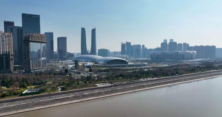 Aerial photography of the landmark of Hangzhou Gymnasium，china Royalty-Free Stock Footage #1110031613
