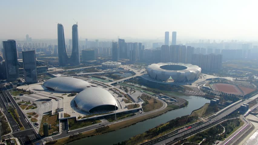 Aerial photography of the landmark of Hangzhou Gymnasium，china Royalty-Free Stock Footage #1110031631