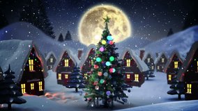 Animation of happy christmas, lights and houses in night winter landscape. christmas, winter, tradition and celebration concept digitally generated video.