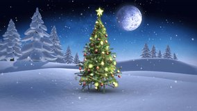 Animation of christmas lights, tree and presents in night winter landscape. christmas, winter, tradition and celebration concept digitally generated video.