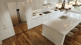 Traditional white kitchen with long island and wooden chairs with varnished wood flooring. Classic kitchen with large chandeliers and kitchen appliances. 3d animation. 3D Illustration - Powered by Shutterstock - Get 15% off with code: PIKWIZARD15