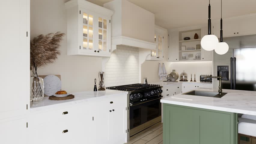 Bright kitchen in warm colors with a green island. Kitchen interior with household appliances and utensils. 3D animation. 3D Illustration
