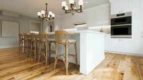 Traditional white kitchen with long island and wooden chairs with varnished wood flooring. Classic kitchen with large chandeliers and kitchen appliances. 3d animation. 3D Illustration - Powered by Shutterstock - Get 15% off with code: PIKWIZARD15