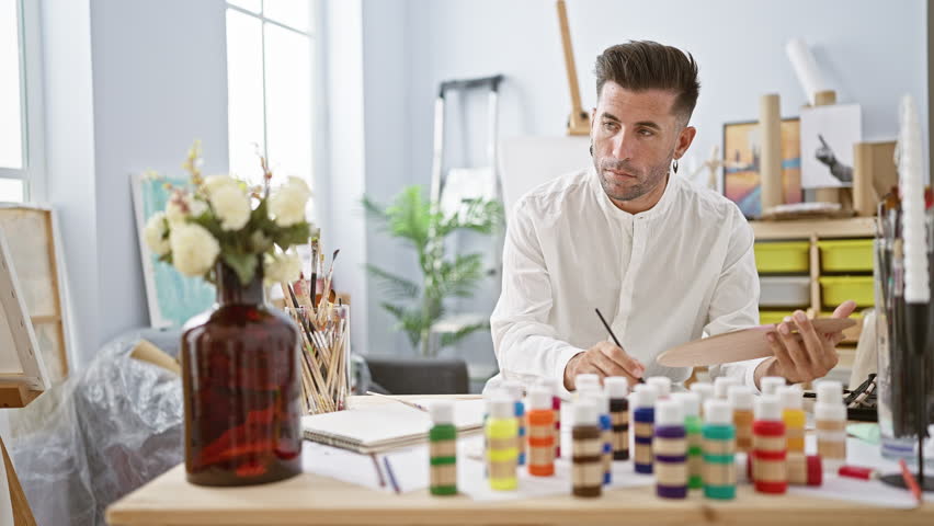 Engrossed young hispanic man, an aspiring artist, drawing a vibrant bouquet of flowers on paper in a cozy art studio Royalty-Free Stock Footage #1110041815
