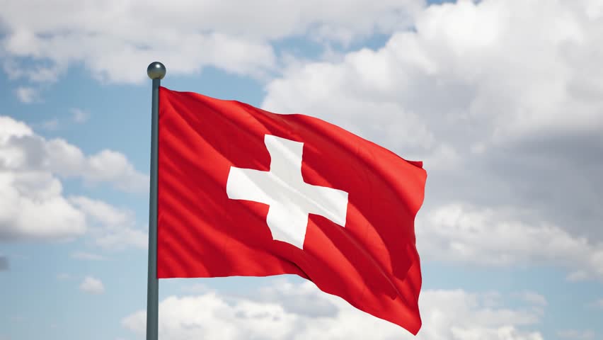 Swiss Confederation flag flutters in the wind. Switzerland national flag of european country. Cloudy sky background.