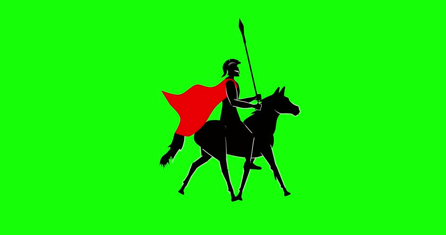 Ancient greek warrior on horse silhouette 2d animation on green screen