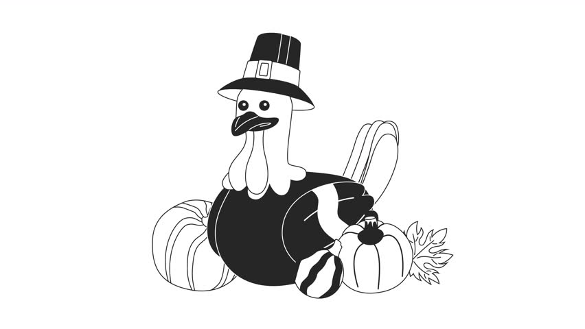 Thanksgiving pilgrim turkey in pumpkins fall bw 2D character animation. Harvest outline cartoon 4K video, alpha channel. Wearing hat capotain poultry fowl animated animal isolated on white background