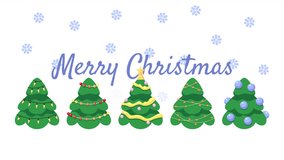 Congratulations Merry Christmas cartoon greeting card animation. Snowflakes Christmas trees 4K video motion graphic. Winter colorful holiday postcard animated flat 2D ecard, white background