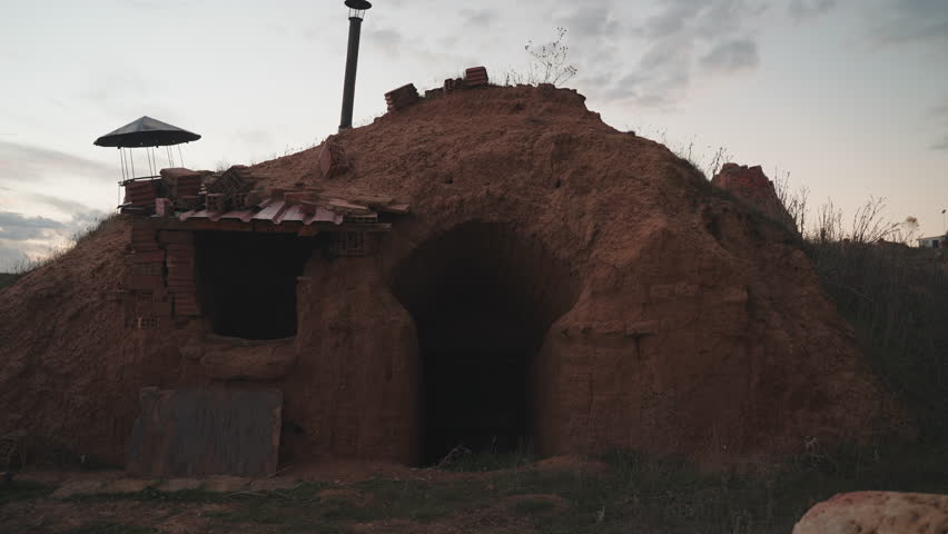 Traditional underground furnace in rural Spain amidst a vast landscape, at dusk