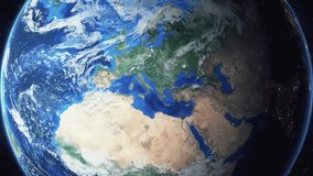 Earth zoom in from space and focus on Fier, Albania. 3D Animation. Stock video footage. Background for travel intro.
