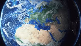 Earth zoom in from space and focus on Shkoder, Albania. 3D Animation. Stock video footage. Background for travel intro.