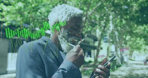 Animation of graphs over senior african american man wearing headphone and talking on video call. Digital composite, multiple exposure, report, business, retirement and technology concept.