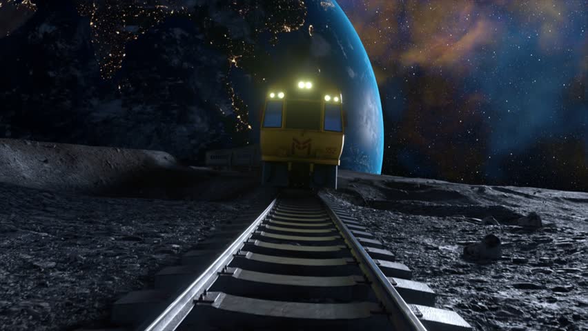 A cosmic train travels along rails on a moon surface with a view of a brightly illuminated Earth planet and a starry night sky. City lights glow from the dark side of the planet. 3D. 3D Illustration