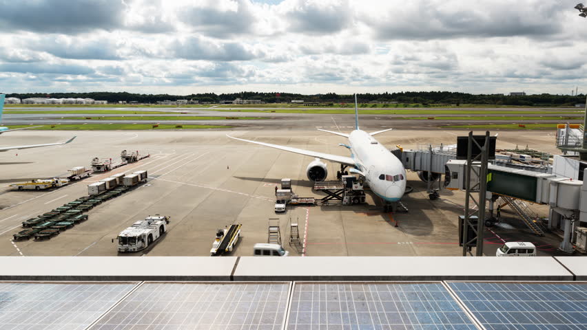 Time lapse of airplane docking operation, plane take off at airport runway. Solar cell panel sustainable energy. Flight transit, air travel transport, airline business, transportation industry concept Royalty-Free Stock Footage #1110058755