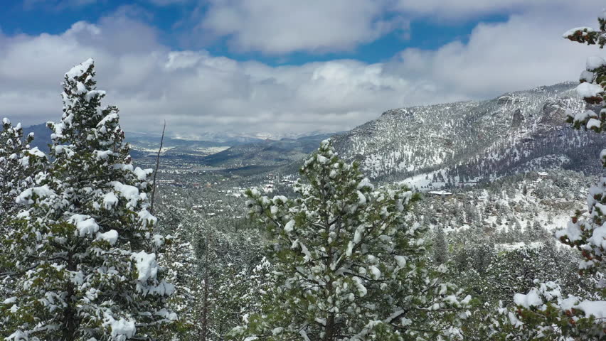 The white snow is in contrast to the evergreens and blue sky in Colorado