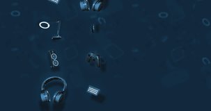 Animated dark blue background with equipment for gamers presented in front