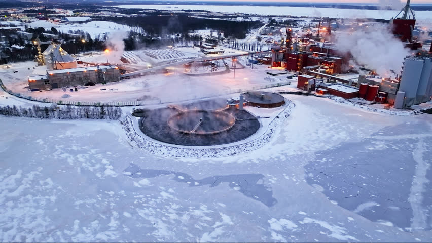 Aerial view around a vaporing pool at a pulp mill factory, winter morning in Oulu Royalty-Free Stock Footage #1110068079