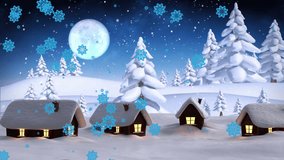 Animation of christmas santa claus in sleigh with reindeer in winter scenery. Christmas, festivity, celebration and tradition concept digitally generated video.