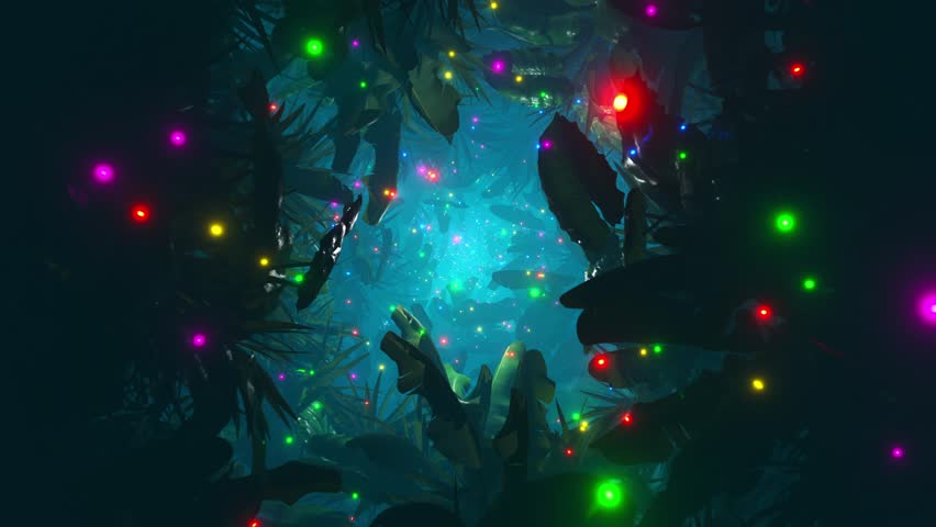 Flying through foliage in a dark jungle with lots of colorful fireflies. Infinitely looped animation. Royalty-Free Stock Footage #1110071473