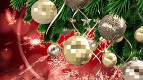 Animation of decorated christmas tree and snowflakes with lens flares over red background. Digitally generated, hologram, illustration, winter, holiday, event and celebration concept. - Powered by Shutterstock - Get 15% off with code: PIKWIZARD15