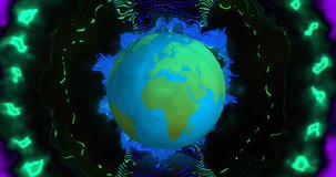 Animation of globe with scopes scanning on black background. Global data processing and connections concept digitally generated video.
