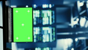 Vertical video IT developers running code on green screen laptop, troubleshooting data center equipment. Technicians using chroma key device to monitor server cabinets, networking systems and storage - Powered by Shutterstock - Get 15% off with code: PIKWIZARD15