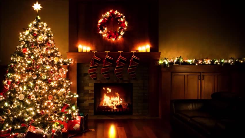 Christmas evening near the New Year tree and a cozy fireplace, in front of the window behind which the full moon hangs, and it is snowing. 3D screen server.
 Royalty-Free Stock Footage #1110084353