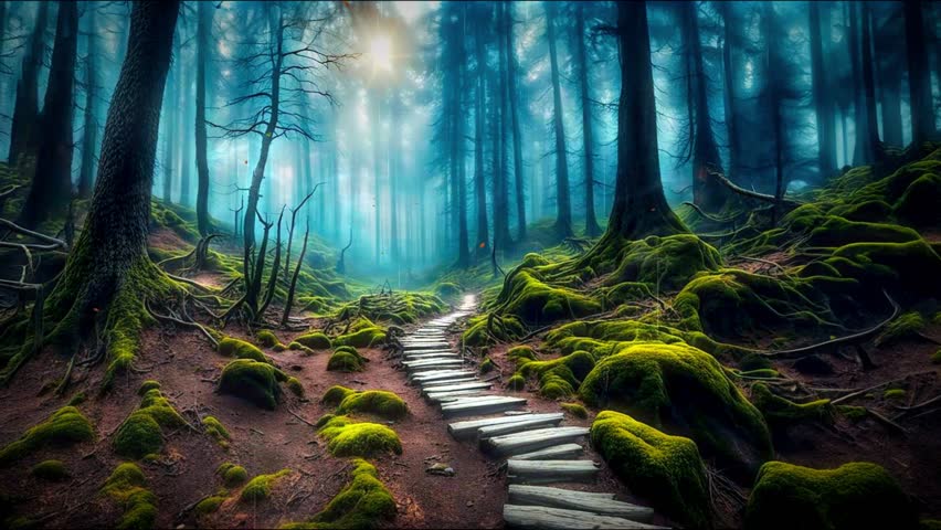View of a rocky path in the middle of a misty forest in a rainy atmosphere. 4k quality looping video
