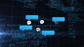 Animation of speech bubble icons over data processing on black background. Social media, communication and digital interface concept digitally generated video. - Powered by Shutterstock - Get 15% off with code: PIKWIZARD15