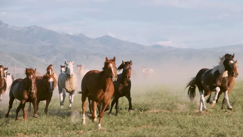Humans sitting on horses are running wild horses between mountains 4k Resolution Royalty-Free Stock Footage #1110089105
