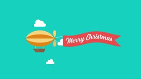 Airship pulls the banner with word MERRY CHRISTMAS on it. 4k video animated