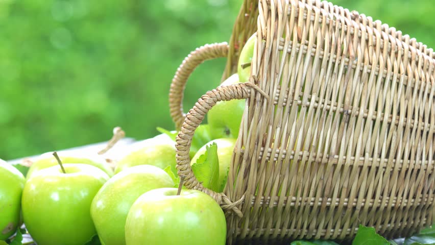 Green apple drop from bamboo basket on wooden table in garden, Green apple with leaves on blur background. Royalty-Free Stock Footage #1110094793