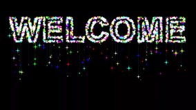 Welcome text with colorful glitter sparkles and falling stars on plain black background