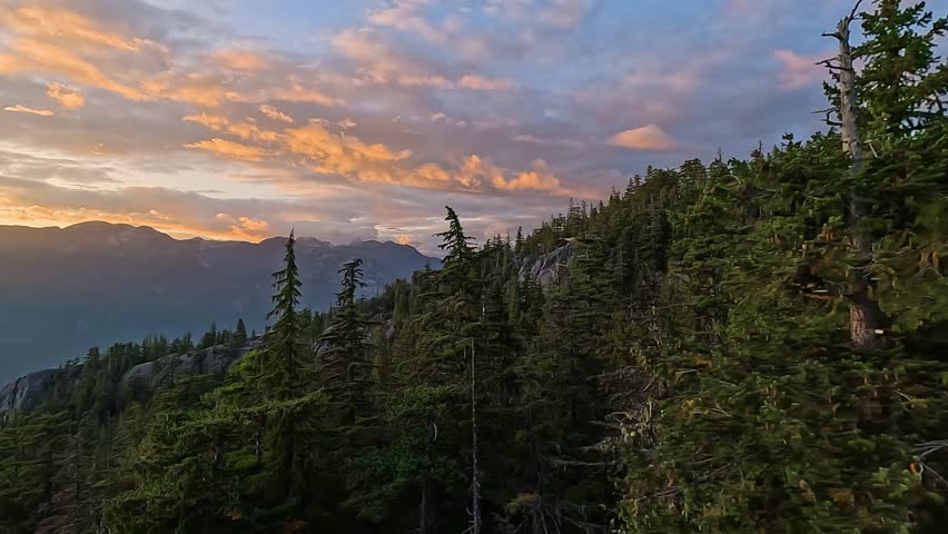 Canadian Mountain Landscape and Vibrant green trees. Fall Season. Nature Background. British Columbia, Canada. Aerial. Sunset