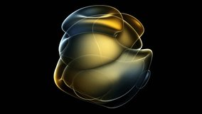 3D render of abstract art video of surreal alien ball flower in spherical round wavy smooth soft biological lines forms in transparent plastic in yellow and blue gradient color on black background
