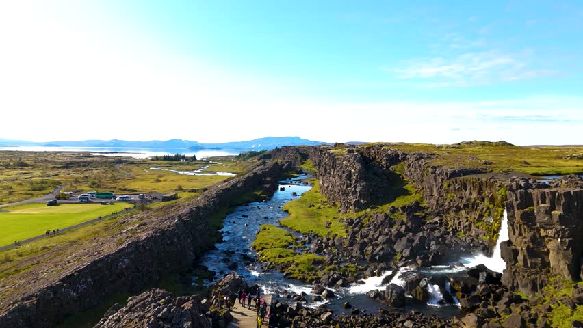 Aerial view of gletjer waterfall and scenic landscape in gullfos, Iceland.