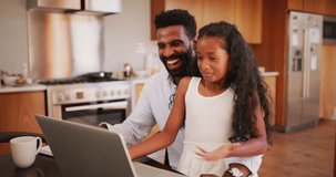 Laptop, video call and father with child in home for online communication, virtual chat or social media contact. Wave, hello and happy dad with girl on computer live stream on internet or living room