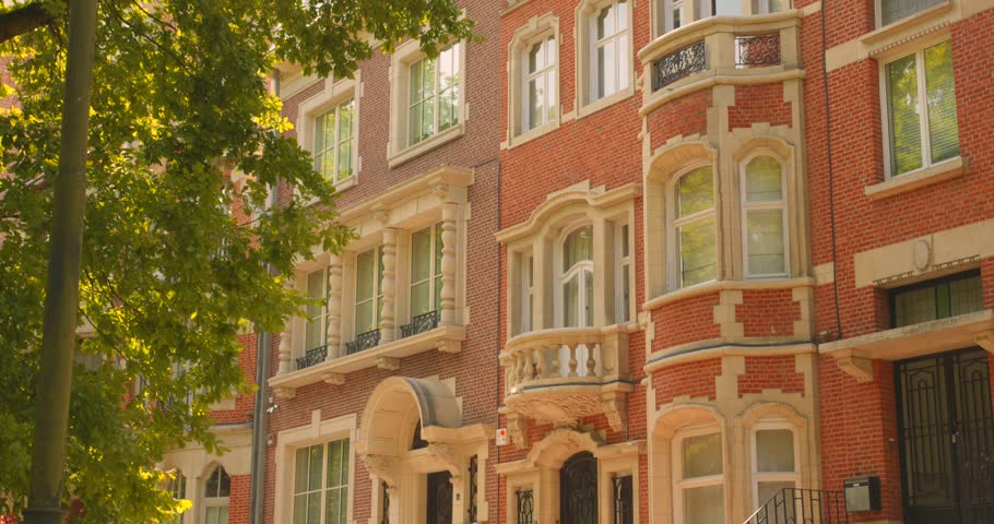 Architectural Buildings With Exceptional Style In The Historic City Of Brussels During Sunny Day, Belgium. Tracking Shot