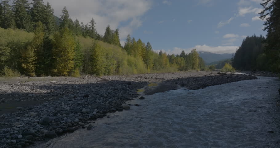 Drone footage flying at low altitude over Nisqually River in Gifford Pinchot National Forest, Washington.