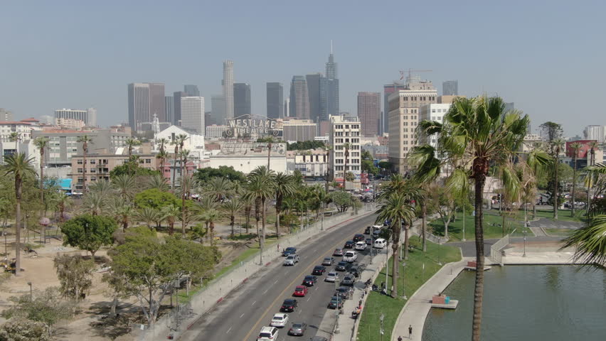 Los Angeles MacArthur Park Aerial Shot of Palm Trees By Wilshire Blvd Royalty-Free Stock Footage #1110128595