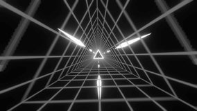 Seamless loop retro 1980s animation triangle grid synthwave tunnel. Background for music video. Video games. Old style. Black and white Futuristic 80s Vaporwave 4K Loop Motion Background Animation