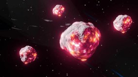 asteroids flies through space to the Earth. Seamless loop 3d animation. Outer space. space and science concept. Pink and red bright glow