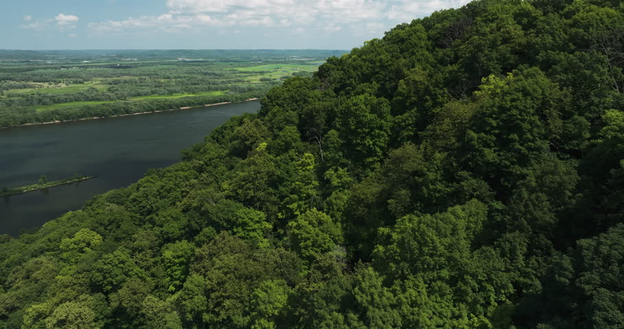 Forested Bluff On The Banks Of Mississippi River. Great River Bluffs State Park In Minnesota, USA. aerial