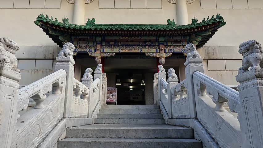 Cofucius Shrine in Nagasaki, Japan. Blue sky colorful temple with vibrant colors. Travelling Japan