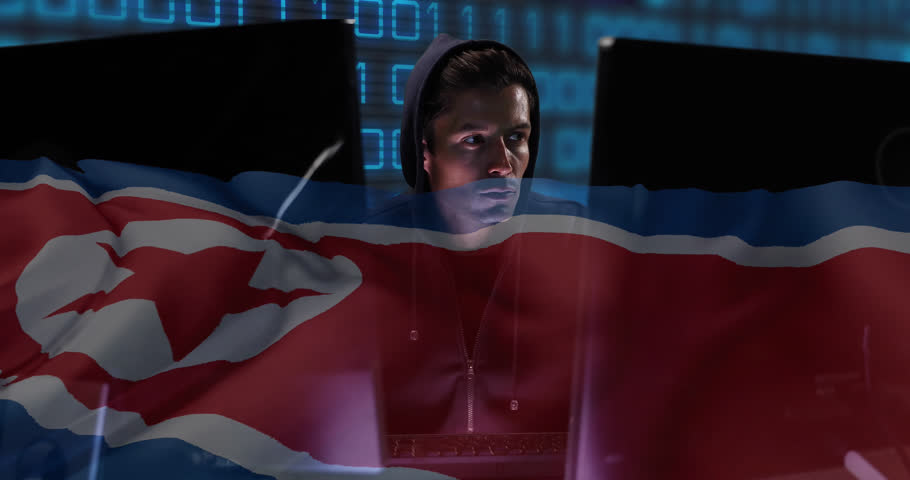 Animation of binary coding with hacker over flag of north korea. Global business, finance, data processing and digital interface concept digitally generated video.