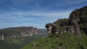 Drone video of Vale do Pati in Chapada Diamantina, Bahia, Brazil. Valley with cerrado and caatinga biome, sunny day, hills and valley