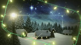 Yellow christmas string lights flashing over winter village night scene with falling snow. Christmas, decorations, tradition and celebration digitally generated video.
