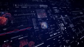 Healthcare medical HUD screen monitoring MRI x ray Scan, micro surgery arthroscopy operation.DNA. Heard rate monitor. Futuristic Technological Interface. Sceleton MRI x ray Scan, 3D Animation.Blue - Powered by Shutterstock - Get 15% off with code: PIKWIZARD15