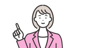 A young business woman pointing and explaining. (white background)