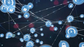 Animation of connected icons with lens flares and connected dots over black background. Digitally generated, hologram, illustration, protection, measurement, communication and technology concept. - Powered by Shutterstock - Get 15% off with code: PIKWIZARD15